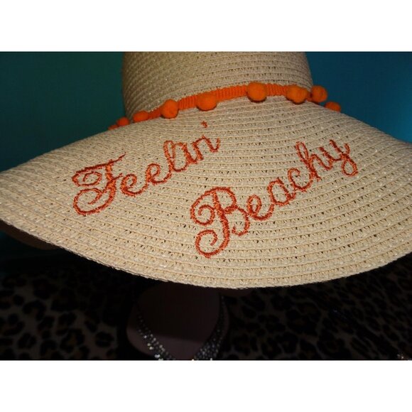 Vintage Feelin' Beachy Ivory Woven Sun Hat with orange pom pom fringe pinup - Picture 3 of 13
